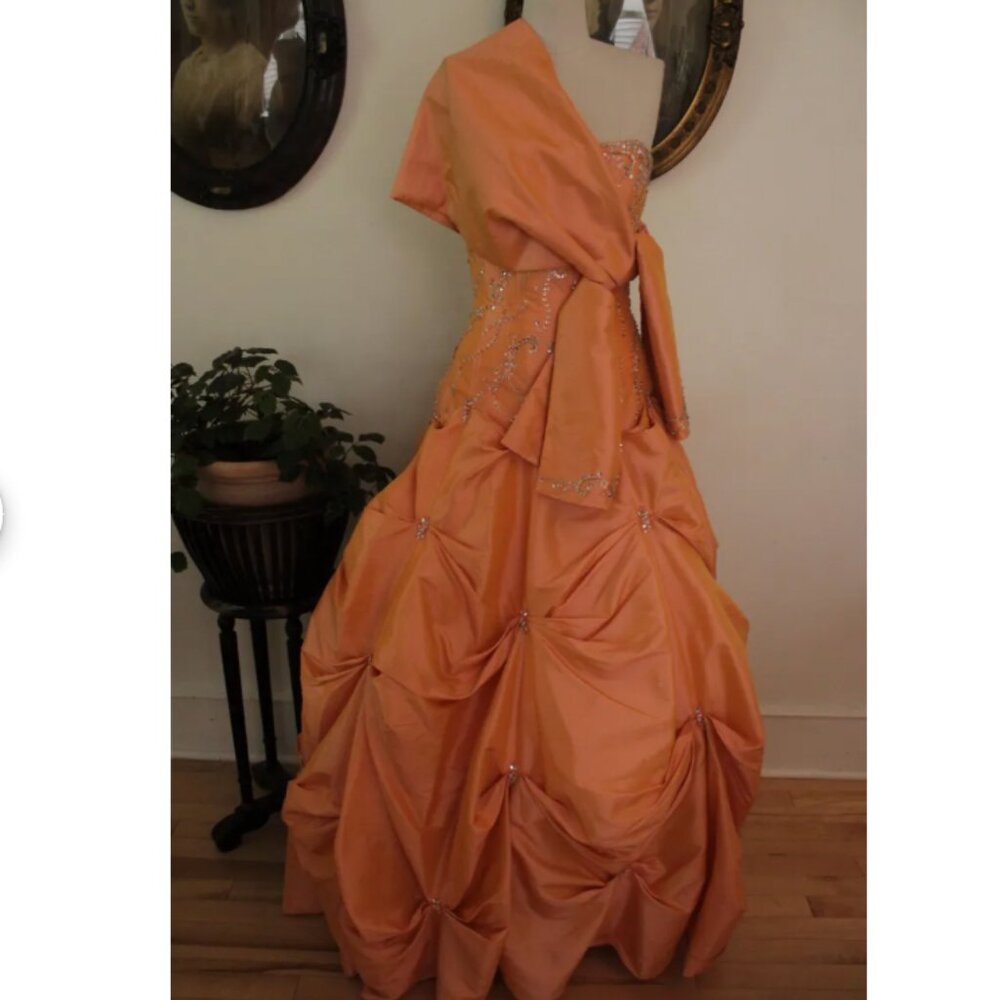 Late 1990's Alyce Designs Topaz Orange Taffeta Ballgown Prom Dress with Pickups